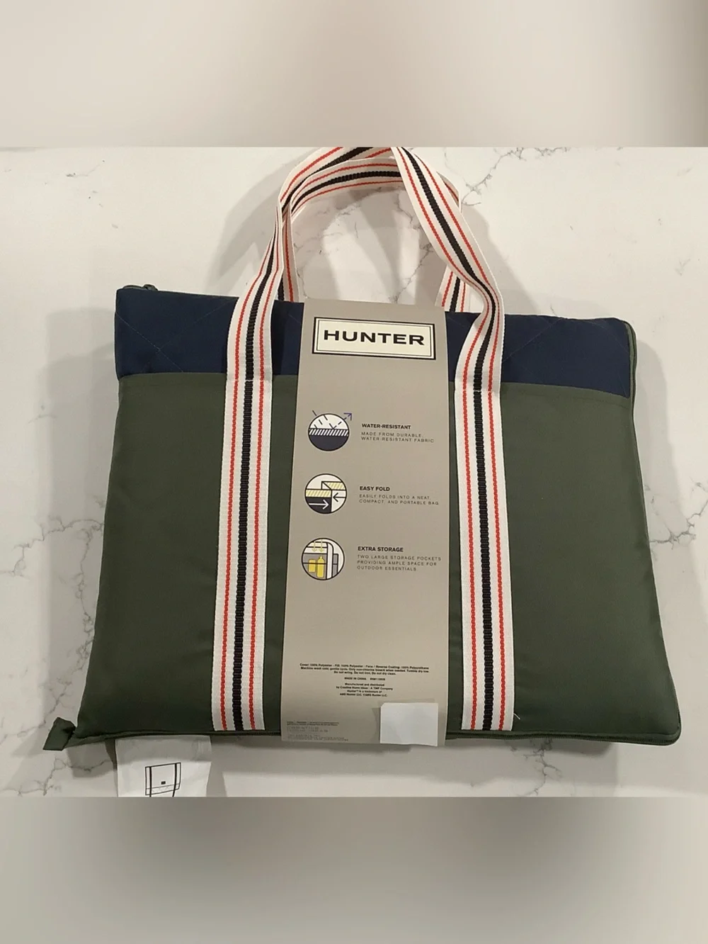 Hunter Outdoor Blanket Tote - Olive Green & Navy with Striped Handles